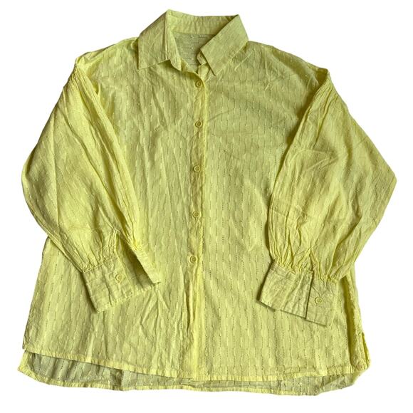 Yellow, Eyelet, Linen Like, Long Sleeve Button Down/Shorts Set- M - Picture 3 of 13